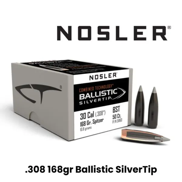 Nosler 30 Cal (.308″) 168gr SP Combined Technology Ballistic Silver Tip - 50ct